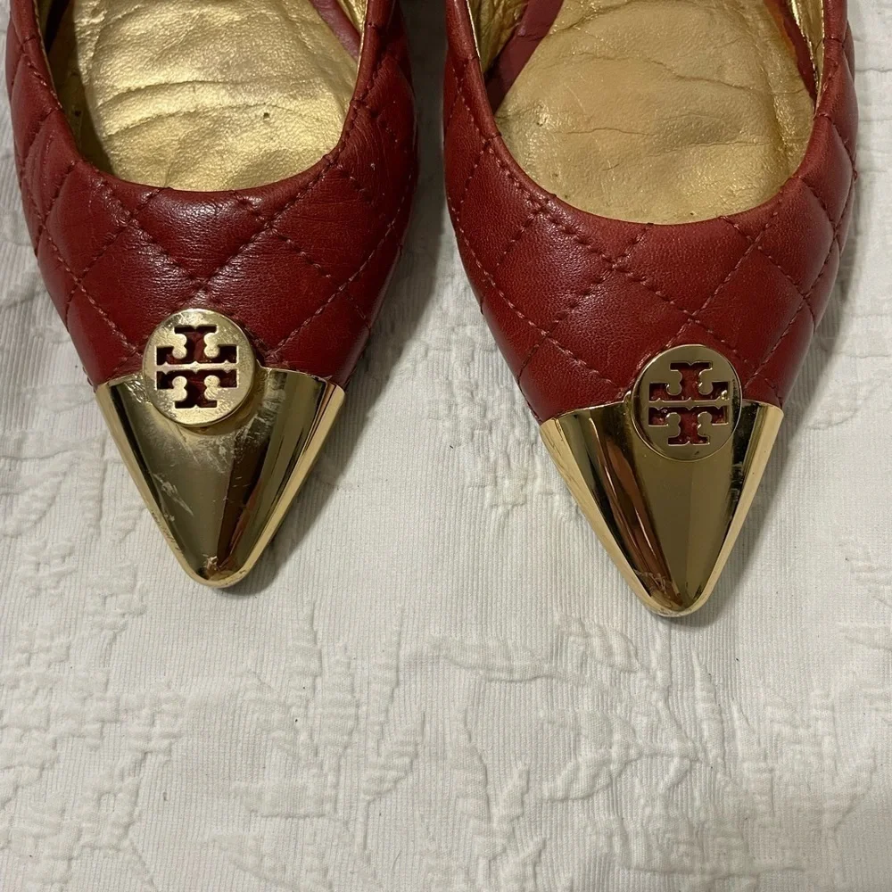 EUC Tory Burch Rust Gold Point Toe Slip On Quilted Ballet Flats Size 6